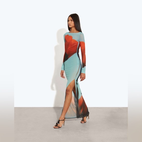 Rat & Boa Blue Red Floral Tulip Sheer Santino Maxi dress long sleeve XL NWOT - Picture 4 of 9